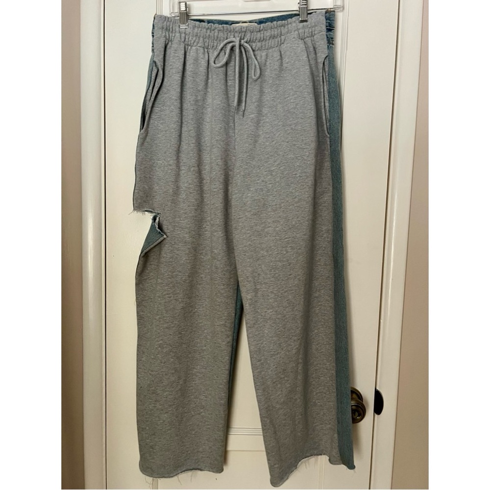 Stylenanda gray women’s half sweats half blue denim
